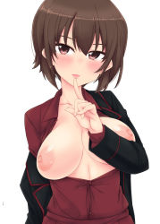 Rule 34 | 10s, 1girl, arm at side, bad id, bad pixiv id, black jacket, breast lift, breasts, breasts out, brown eyes, brown hair, collared shirt, finger to mouth, girls und panzer, hand up, head tilt, highres, itou ayachi, jacket, kuromorimine military uniform, large areolae, looking at viewer, medium breasts, military, military uniform, nipples, nishizumi maho, off shoulder, open clothes, open jacket, open mouth, red shirt, shirt, short hair, simple background, solo, unbuttoned, uniform, white background