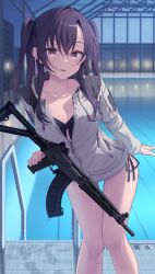 Rule 34 | 1girl, angel ina, assault rifle, bikini, bikini under clothes, breasts, collarbone, gun, highres, indoors, jacket, large breasts, original, partially unzipped, pool, pool ladder, poolside, purple eyes, purple hair, rifle, rk95, solo, swimsuit, swimsuit under clothes, thighhighs, thighs, twintails, two side up, water, weapon, wet