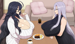 Rule 34 | 2girls, ahoge, bare shoulders, blurry, blurry background, breast rest, breasts, breasts on table, cleavage, closed eyes, cup, drinking straw, from side, highres, jewelry, long hair, long sleeves, mature female, multiple girls, open mouth, original, otogi tetsurou, plate, ring, sitting, sleeveless, table, talking, wedding ring
