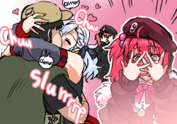 Rule 34 | 1boy, 2girls, ahoge, black shirt, blouse, blush, bow, braid, candy, closed eyes, collared shirt, comic, detached sleeves, dropping, embarrassed, emphasis lines, english text, facial hair, food, girls&#039; frontline, glasses, gradient background, gun, hair bobbles, hair bow, hair ornament, hands on own face, hands up, hard-translated, hat, heart, henshako, hetero, hug, kiss, lollipop, looking at another, medium hair, military hat, mp7 (girls&#039; frontline), multiple girls, multiple views, nose blush, peeking through fingers, pink background, pump action, red hair, shared food, shirt, shotgun, side ponytail, silver hair, spas-12, speech bubble, striped neckwear, stubble, swept bangs, third-party edit, weapon, yellow eyes