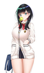 Rule 34 | 1girl, absurdres, azur lane, bag, black hair, black skirt, breasts, blowing bubbles, cardigan, catnnn, chewing gum, cowboy shot, green eyes, gridman universe, highres, holding, holding bag, large breasts, long hair, looking at viewer, microskirt, necktie, red necktie, school bag, simple background, skirt, solo, ssss.gridman, standing, takarada rikka, thighs, white background, white cardigan