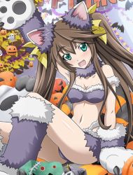 Rule 34 | 10s, 1girl, animal ears, bra, breasts, brown hair, cleavage, collar, fake animal ears, fang, green eyes, grey bra, hair ribbon, huang lingyin, infinite stratos, long hair, looking at viewer, lowres, navel, open mouth, ribbon, sitting, small breasts, solo, twintails, underwear, yellow ribbon