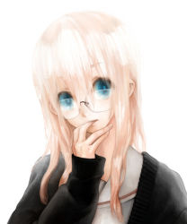 Rule 34 | 1girl, bad id, bad pixiv id, bespectacled, blonde hair, blue eyes, finger in own mouth, glasses, long hair, megurine luka, michi ta (masquerade), simple background, solo, upper body, vocaloid