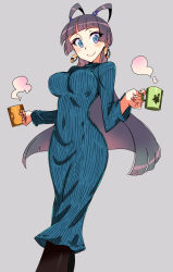Rule 34 | 1girl, blue eyes, breasts, coffee, covered navel, dress, drink, earrings, jewelry, kusanagi tonbo, large breasts, long hair, looking at viewer, smile, solo, tight dress, wide hips