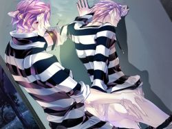 Rule 34 | 2boys, against wall, ass, censored, erection, gian carlo, jewelry, lowres, luchino gregoretti, lucky dog, male focus, multiple boys, necklace, penis, pink hair, pixelated penis, prison, prisoner, shirt, striped clothes, striped shirt, tennenouji, undressing, yaoi