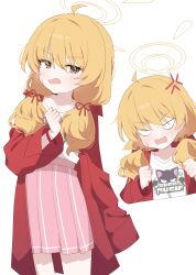 Rule 34 | 1girl, absurdres, ahoge, anger vein, blonde hair, blue archive, blush, brown eyes, coat, hagoonha, hair ribbon, highres, long hair, long sleeves, multiple views, official alternate costume, open clothes, open coat, open mouth, pink skirt, pleated skirt, red coat, red ribbon, ribbon, shirt, simple background, skirt, tress ribbon, white background, white shirt, yoshimi (blue archive)