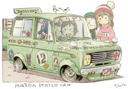 Rule 34 | 4girls, baseball cap, beanie, bird, blue headwear, blush, brown hair, car, checkered clothes, checkered scarf, closed eyes, green car, green headwear, hat, highres, holding, leaning against vehicle, license plate, mazda, mazda porter cab, motor vehicle, multiple girls, open mouth, original, red headwear, red sweater, round eyewear, scarf, sekihan, shadow, short hair, shouwa, signature, sitting, smile, sticker, sweater, teeth, two-tone sweater, upper teeth only, van, vehicle focus, white background