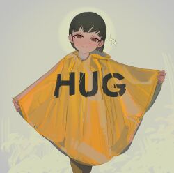 Rule 34 | 1girl, absurdres, brown eyes, cowboy shot, empty eyes, english text, grey background, highres, hood, hood down, original, outstretched arms, polilla, poncho, raincoat, short hair, simple background, solo, spread arms, standing, straight-on, variant set, yellow raincoat