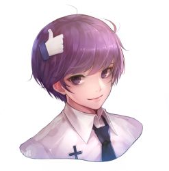 Rule 34 | ahoge, androgynous, artist name, blue necktie, closed mouth, collared shirt, facebook, facebook like, gender request, hair ornament, looking at viewer, necktie, original, portrait, purple eyes, purple hair, shal.e, shirt, simple background, smile, solo, white background, white shirt, wing collar