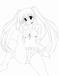 Rule 34 | 10s, 1girl, absurdres, black rock shooter, black rock shooter (character), breasts, cleavage, covered erect nipples, greyscale, highres, lineart, long hair, looking at viewer, monochrome, oda ken&#039;ichi, panties, panty peek, solo, star (symbol), twintails, underwear, very long hair