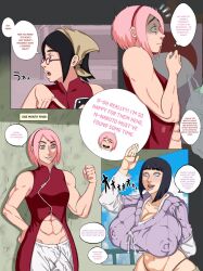 Rule 34 | 3girls, abs, alternate breast size, alternate costume, alternate hairstyle, boruto: naruto next generations, breasts, bulge, comic, english text, erection, erection under clothes, futa with female, futanari, haruno sakura, highres, huge breasts, huge penis, hyuuga hinata, imminent penetration, implied cheating (relationship), mature female, mother and daughter, multiple girls, muscular, muscular female, naruto, naruto (series), nipples through clothes, penis, pink hair, sir wankies, small breasts, speech bubble, thought bubble, uchiha sarada, veins, veiny penis