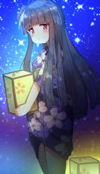 Rule 34 | 1girl, absurdres, black hair, blush, closed mouth, commentary request, floral print, flower, hair flower, hair ornament, highres, holding, idolmaster, idolmaster cinderella girls, japanese clothes, kimono, lantern, long hair, long sleeves, looking at viewer, obi, print kimono, purple flower, purple kimono, red eyes, sajo yukimi, sash, smile, solo, tanabata, umberblack, very long hair, wide sleeves