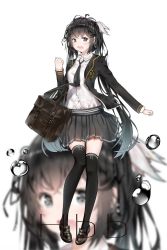 Rule 34 | 1girl, aqua hair, artist name, bag, black bag, black eyes, black footwear, black hair, black jacket, black necktie, black skirt, black thighhighs, bubble, character request, copyright request, feather hair ornament, feathers, full body, gradient hair, hair ornament, hbb, highres, jacket, long hair, long sleeves, looking at viewer, multicolored hair, necktie, open mouth, pleated skirt, shirt tucked in, shoes, skirt, solo, standing, thighhighs, very long hair, white skirt, zettai ryouiki