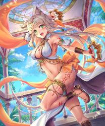 Rule 34 | 1girl, :d, absurdres, animal ears, back bow, bad id, bad pixiv id, blue sky, blush, bow, bracelet, breasts, cat ears, cleavage, dancer, dancing, day, floating hair, glint, gold, green eyes, grey hair, highres, holding, holding weapon, jewelry, lantern, large breasts, linea alba, long hair, looking at viewer, navel, necklace, open mouth, orange bow, original, outdoors, sandals, shichigatsu, skindentation, sky, smile, solo, standing, standing on one leg, sweat, thigh strap, toenails, toes, toned, very long hair, weapon, weapon request