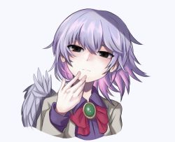 Rule 34 | 1girl, beige jacket, bird wings, black eyes, bow, bowtie, collared shirt, commentary request, feathered wings, finger to cheek, hand on mouth, hand on own face, highres, jacket, kishin sagume, light purple hair, looking at viewer, portrait, purple hair, purple shirt, red bow, red bowtie, shirt, short hair, simple background, single wing, touhou, white background, white wings, wings, yonoisan