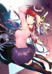 Rule 34 | 1girl, arm up, bakemonogatari, black thighhighs, blood, blood drip, blurry, blurry background, boxcutter, breasts, cleavage, closed mouth, collar, commentary request, compass (instrument), eraser, from behind, from side, hair blowing, hair spread out, highres, leaning back, loafers, long hair, long sleeves, looking to the side, medium breasts, monogatari (series), necktie, neckwear request, open clothes, pen, pencil, pink shirt, pleated skirt, purple eyes, purple hair, purple necktie, purple skirt, red collar, ruler, sakusyo, school uniform, scissors, senjougahara hitagi, shadow, shiny clothes, shirt, shoes, skirt, sleeve cuffs, solo, stapler, stationery, thighhighs, very long hair, zettai ryouiki