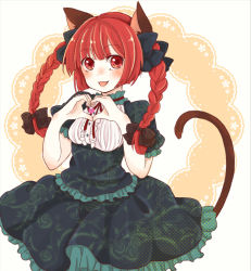 Rule 34 | 1girl, adapted costume, animal ears, braid, cat ears, cat girl, cat tail, female focus, haikichi, heart, heart hands, kaenbyou rin, open mouth, red eyes, red hair, solo, tail, touhou, twin braids, underbust