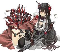 Rule 34 | 1girl, asymmetrical clothes, black hair, black panties, black thighhighs, bow, bow panties, breasts, camellia, cleavage, dated, floral print, flower, garter straps, hair between eyes, hair ornament, headgear, heterochromia, japanese clothes, kanzashi, katana, kimono, large breasts, long hair, looking at viewer, lying, mecha musume, milestone celebration, on side, original, panties, parted lips, pink kimono, rayvon, red eyes, sheath, sheathed, sidelocks, simple background, single thighhigh, smile, solo, sword, thank you, thighhighs, thighs, underwear, very long hair, weapon, white background