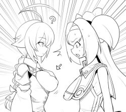 Rule 34 | 2girls, ahoge, arrow (symbol), blazblue, braid, braided ponytail, breasts, es (xblaze), female focus, large breasts, multiple girls, platinum the trinity, quad tails, question mark, size difference, small breasts, surprised, sweatdrop