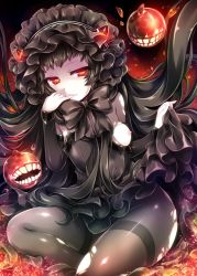 Rule 34 | 10s, 1girl, abyssal ship, black bow, black dress, black hair, black pantyhose, bonnet, bow, breasts, dress, finger to mouth, frilled dress, frills, gothic lolita, horns, isolated island oni, kantai collection, lolita fashion, long hair, looking at viewer, mini koala, nipples, pale skin, pantyhose, red eyes, small breasts, smile, solo, thighband pantyhose, torn clothes, torn pantyhose