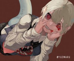 Rule 34 | 1girl, @ @, artist name, black pants, black vest, blonde hair, blood, blood from mouth, blood on face, bloody tears, blue vest, brown background, collared shirt, colored sclera, cracked skin, extra mouth, finger in own mouth, grey sclera, grey shirt, grey tail, grin, hands on own cheeks, hands on own face, hands up, highres, long sleeves, looking at viewer, mismatched pupils, monster girl, multicolored eyes, original, pants, red eyes, sharp teeth, shirt, short hair, sidelocks, simple background, smile, solo, sweater vest, tail, teeth, tongue, twitter username, upper body, vest, yellow eyes, yunimaru
