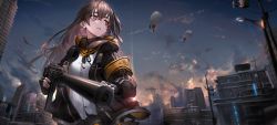 Rule 34 | 1girl, absurdres, aircraft, airship, armband, backlighting, black gloves, black jacket, black skirt, brown hair, building, cityscape, cloud, diffraction spikes, dirigible, fingerless gloves, foreshortening, girls&#039; frontline, gloves, gun, h&amp;k ump, h&amp;k ump, highres, holding, holding gun, holding weapon, hood, hood down, hooded jacket, jacket, long hair, looking away, miniskirt, neonbeat, one side up, open clothes, open jacket, outdoors, parted lips, scar, scar across eye, scar on face, shirt, skirt, sky, solo, submachine gun, sunlight, twilight, ump45 (girls&#039; frontline), utility pole, weapon, white shirt, wide shot