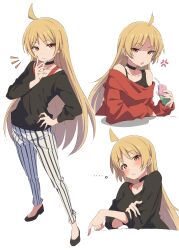 Rule 34 | ..., 1girl, absurdres, ahoge, black choker, black footwear, black shirt, black tank top, blonde hair, bocchi the rock!, choker, closed mouth, drinking straw, eitopondo, hand on own arm, hand on own hip, hand up, highres, ijichi seika, juice box, light blush, long hair, long sleeves, looking at viewer, multiple views, off-shoulder sweater, off shoulder, open mouth, orange eyes, pants, red sweater, red tank top, shirt, shoes, striped clothes, striped pants, sweater, tank top, vertical-striped clothes, vertical-striped pants