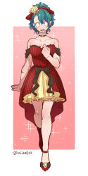 1girl, absurdres, bangs, bare shoulders, black bow, black choker, black dress, boku no hero academia, bow, breasts, choker, cleavage, collarbone, commentary request, crossed legs, dress, flower, freckles, frilled dress, frills, genderswap, genderswap (mtf), green hair, hair flower, hair ornament, hand up, highres, legs crossed, looking at viewer, midoriya izuku, off shoulder, open mouth, orange flower, pink background, red dress, red footwear, scar on arm, shoes, short sleeves, skirt, smile, solo, sparkle, standing, striped, striped dress, tonomayo, twitter username, watson cross, white background