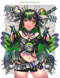 Rule 34 | 1girl, black hair, colored inner hair, commentary request, crop top, fingerless gloves, fingernails, gia, gloves, green hair, green theme, hair ornament, hairclip, half-closed eyes, highres, long fingernails, long hair, looking at viewer, mecha musume, multicolored hair, navel, open mouth, original, short shorts, shorts, signature, solo, streaked hair, symbol in eye, tattoo, two-tone background, two-tone hair