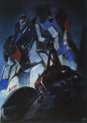 Rule 34 | 1980s (style), 1989, dated, english text, gundam, highres, machinery, mecha, mobile suit, movic, no humans, official art, oldschool, promotional art, retro artstyle, rick dias, robot, scan, science fiction, signature, traditional media, upper body, v-fin, zeta gundam, zeta gundam (mobile suit)