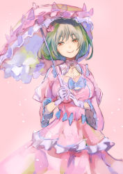 Rule 34 | 1girl, alternate costume, bow, breasts, cleavage, dress, flower, frills, green hair, hair flower, hair ornament, highres, holding, holding umbrella, jewelry, kazami yuuka, large breasts, lolita fashion, looking at viewer, necklace, pink dress, red eyes, simple background, smile, solo, sweet lolita, touhou, umbrella, yohane
