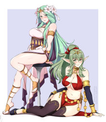 Rule 34 | 2girls, alternate costume, bare legs, blush, breasts, cleavage, cosplay, dancer, dancer (fire emblem: three houses), feet, female focus, fire emblem, fire emblem: three houses, fire emblem awakening, fire emblem heroes, gladiator sandals, green eyes, green hair, large breasts, legs, lindaroze, long hair, looking at viewer, matching hair/eyes, multiple girls, nail polish, navel, nintendo, olivia (fire emblem), olivia (fire emblem) (cosplay), pointy ears, ponytail, rhea (fire emblem), sandals, sitting, smile, thighhighs, tiki (adult) (fire emblem), tiki (fire emblem), toes, trait connection, underboob, wide hips