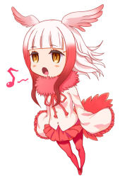 Rule 34 | 10s, 1girl, bird tail, blunt bangs, frilled sleeves, frills, full body, head wings, hirose (mokiki), japanese crested ibis (kemono friends), kemono friends, long sleeves, medium hair, multicolored hair, music, musical note, open mouth, pantyhose, pink theme, pleated skirt, quaver, red pantyhose, red skirt, shirt, silver hair, simple background, singing, skirt, sleeves past wrists, solo, tail, two-tone hair, white background, white shirt, wings, yellow eyes