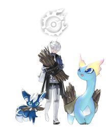 Rule 34 | 1boy, alphinaud leveilleur, amaura, antenna hair, black gloves, blue coat, blue eyes, boots, carrying, coat, collared coat, covered eyes, creatures (company), crossover, elbow gloves, elezen, elf, final fantasy, final fantasy xiv, firewood, full body, game freak, gen 6 pokemon, gloves, hair over eyes, highres, long hair, male focus, meowstic, meowstic (male), nintendo, open mouth, pointy ears, pokemon, pokemon (creature), ponytail, potion lilac, simple background, thigh boots, walking, white background, white footwear, white hair