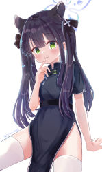 Rule 34 | 1girl, black hair, blue archive, blush, chinese clothes, commentary request, green eyes, hair between eyes, hair ornament, halo, highres, long hair, looking at viewer, sese nagi, shun (blue archive), shun (small) (blue archive), simple background, solo, thighhighs, twintails, white background, white thighhighs, aged down