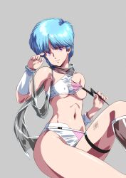 Rule 34 | 1980s (style), 1girl, artist logo, blue hair, breasts, crop top, grey background, highres, kabashima yousuke, lightning bolt symbol, looking at viewer, medium breasts, midriff, navel, oldschool, purple eyes, retro artstyle, short hair, simple background, solo, thigh strap, thighs, underboob, white wristband, wingman, wristband, yume aoi