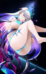 Rule 34 | 1girl, ass, bare shoulders, blue fire, blue hair, blush, body markings, bracelet, breasts, earrings, fate/grand order, fate (series), fire, floating, flower, hair flower, hair ornament, hair ribbon, highres, jewelry, kama (fate), kama (swimsuit avenger) (fate), large breasts, long hair, looking at viewer, lotus, multicolored hair, noir (4chan), open mouth, red eyes, revealing clothes, ribbon, silver hair, star (symbol), star earrings, thighs, two-tone hair