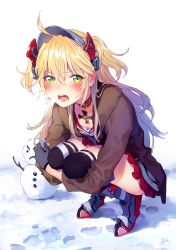 Rule 34 | 1girl, admiral hipper (azur lane), ahoge, azur lane, blonde hair, blush, boots, breasts, breath, brown coat, choker, coat, collarbone, cross, fuji fujino, gloves, green eyes, hair between eyes, hat, headgear, high heel boots, high heels, highres, holding, iron cross, knee boots, long hair, looking at viewer, military, military uniform, mole, mole under eye, multicolored clothes, open mouth, outdoors, sidelocks, signature, simple background, small breasts, snow, snowman, solo, squatting, thighs, tsundere, tsurime, two side up, uniform, white background
