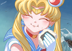 Rule 34 | 1girl, bag, bishoujo senshi sailor moon, bishoujo senshi sailor moon s, blonde hair, blush, breasts, chaboex, choker, circlet, cleavage, closed eyes, closed mouth, derivative work, earrings, eating, food, food on face, heart, highres, holding, holding food, jewelry, long hair, meme, onigiri, pebble, plastic bag, portrait, red choker, sailor moon, sailor moon redraw challenge (meme), screenshot redraw, smile, snack, solo, twintails, twitter username, upper body