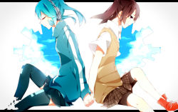 Rule 34 | 2girls, aqua hair, bad id, bad pixiv id, black legwear, black skirt, brown skirt, collared shirt, crying, digital dissolve, ene (kagerou project), enomoto takane, from side, headphones, jacket, kagerou project, letterboxed, long sleeves, looking down, multiple girls, pleated skirt, shirt, shoes, short hair, short sleeves, shorts, shorts under skirt, simple background, skirt, smile, sneakers, sweater vest, thighhighs, track jacket, twintails, washa, white background, white shirt, zettai ryouiki