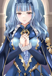 1girl arch blue_cloak blue_dress blue_hair breasts brown_eyes center_frills cloak closed_mouth dress eyelashes fire_emblem fire_emblem:_three_houses fire_emblem_warriors:_three_hopes frills gold_trim highres kirishima_riona large_breasts long_hair looking_at_viewer marianne_von_edmund nail_polish nintendo official_alternate_costume official_alternate_hairstyle own_hands_together pink_lips pink_nails revision smile solo wavy_hair