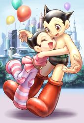 Rule 34 | 1boy, 1girl, android, antennae, atom (tetsuwan atom), balloon, belt, black hair, boots, brother and sister, brown eyes, building, city, cityscape, commentary request, dress, eyelashes, closed eyes, flying, flying car, hanzoumon (purinn1014), happy, highres, hug, pointy hair, robot, science fiction, shorts, siblings, size difference, skirt, tetsuwan atom, thighhighs, tree, uran (tetsuwan atom), window