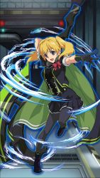 Rule 34 | 10s, 1girl, arm up, black dress, black gloves, black pantyhose, blonde hair, dress, floating hair, full moon, gloves, highres, holding, holding weapon, indoors, leg up, long hair, looking at viewer, military, military uniform, moon, outstretched arm, owari no seraph, pantyhose, pleated dress, purple eyes, sanguu mitsuba, short dress, short sleeves, solo, twintails, uniform, weapon
