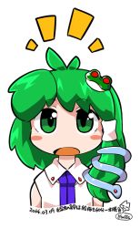 Rule 34 | 1girl, :o, blush, blush stickers, byourou, chibi, dated, frog, frog hair ornament, green eyes, green hair, hair ornament, kochiya sanae, long hair, looking at viewer, matching hair/eyes, open mouth, simple background, snake, snake hair ornament, solo, touhou, white background