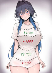 1girl black_hair blue_eyes blue_hair blush breasts cut-here_line gradient_background hair_intakes highres hololive hololive_english large_breasts like_and_retweet long_hair multicolored_hair ouro_kronii sakiya_(sak1_01) shirt solo sweat t-shirt twitter_cutting_game twitter_strip_game two-tone_hair virtual_youtuber white_shirt