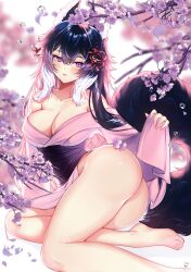 Rule 34 | 1girl, animal ear fluff, animal ears, ass, bare legs, barefoot, blurry, blurry background, blush, breasts, cherry blossoms, cleavage, feet out of frame, flower, hair between eyes, hair flower, hair ornament, highres, indie virtual youtuber, japanese clothes, kimono, large breasts, long hair, looking at viewer, multicolored hair, parted lips, petals, purple eyes, purple kimono, rezo sempai (vtuber), rezosempai, solo, tail, thighs, tree, two-tone hair, virtual youtuber, wolf ears, wolf girl, wolf tail
