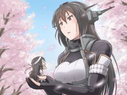 Rule 34 | 2girls, black gloves, black hair, cherry blossoms, day, elbow gloves, fairy (kancolle), gloves, headgear, kantai collection, long hair, mini person, minigirl, multiple girls, nagato (kancolle), outdoors, partially fingerless gloves, petals, red eyes, sir ichirou, size difference, spring (season), tree