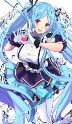 Rule 34 | .live, :d, ahoge, arms up, blue hair, breasts, dress shirt, feet out of frame, frilled cuffs, frilled skirt, frilled sleeves, frilled thighhighs, frills, gloves, hair ornament, hands up, heart, heart hands, highres, large breasts, long hair, open mouth, parted bangs, red eyes, ribbon, shirt, sidelocks, simple background, skirt, smile, solo, splashing, standing, teeth, thighhighs, twintails, untue, upper teeth only, very long hair, virtual youtuber, water, white background, white gloves, yamato iori