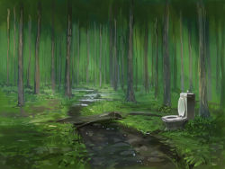 Rule 34 | forest, green theme, landscape, nature, no humans, outdoors, scenery, seo tatsuya, stream, toilet, tree, what