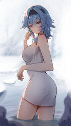 Rule 34 | 1girl, absurdres, bare arms, bare shoulders, black hairband, blue hair, breasts, closed mouth, commentary request, eula (genshin impact), from side, genshin impact, hairband, hand up, highres, kong ting, large breasts, looking at viewer, medium hair, outdoors, purple eyes, snow, solo, thighs, water